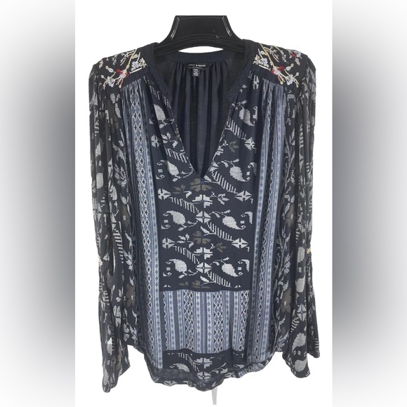 Lucky Brand V-Neck Boho Embroidered Long Bell Sleeve Blouse Top Black Womens M - Picture 1 of 5